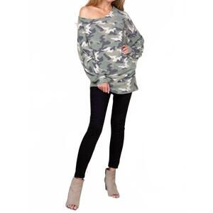 NEW EMERALD COLLECTION soft camo one shoulder top in printed dolman